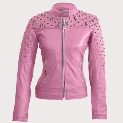 Women Pink Quilted Gold Studded Skeletons Genuine Leather Jacket