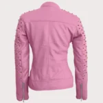 Women Pink Quilted Gold Studded Skeletons Genuine Leather Jacket