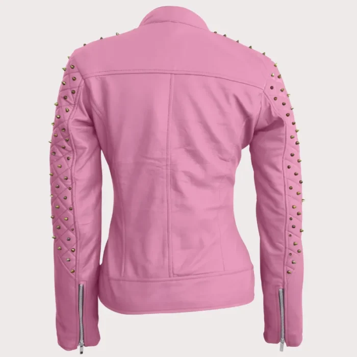 Women Pink Quilted Gold Studded Skeletons Genuine Leather Jacket