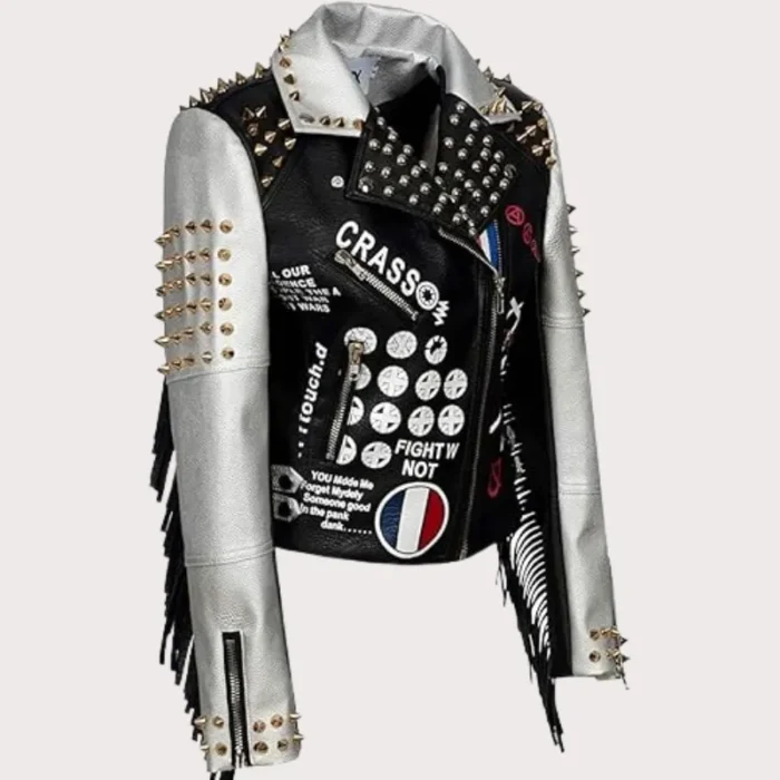 Women Punk Biker Jacket Letter Print Graffiti Rivet Fringe Coat