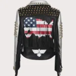 Women Punk Biker Jacket Letter Print Graffiti Rivet Fringe Coat