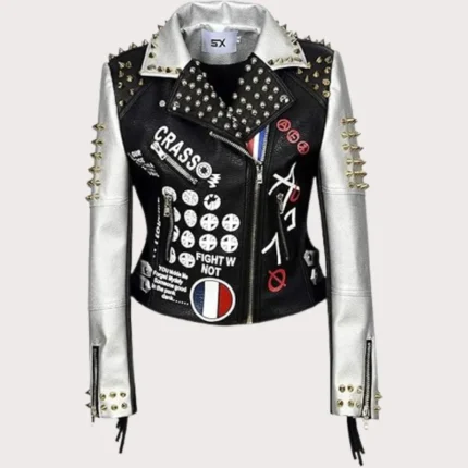 Women Punk Biker Jacket Letter Print Graffiti Rivet Fringe Coat