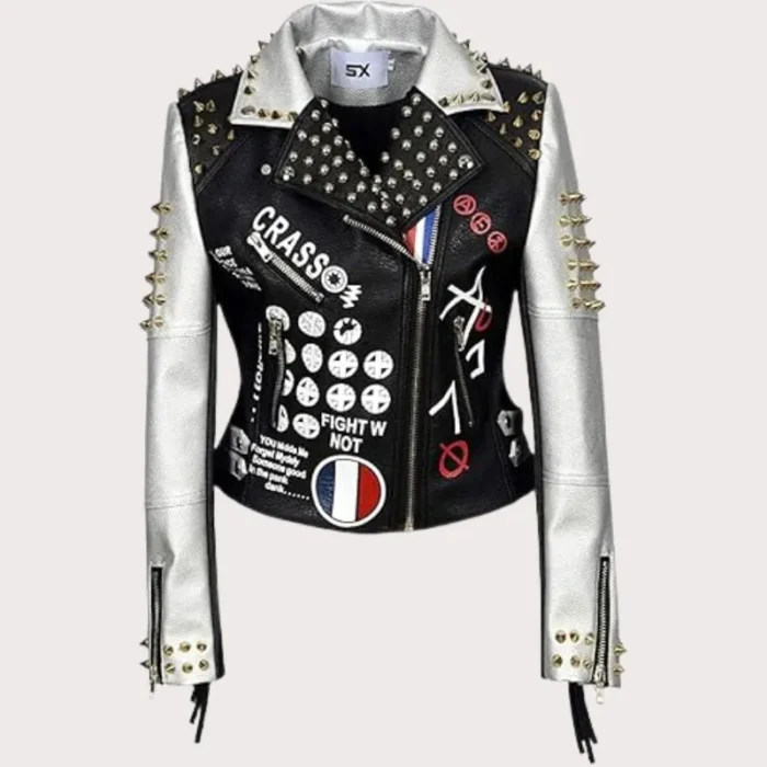Women Punk Biker Jacket Letter Print Graffiti Rivet Fringe Coat