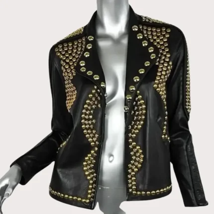 Women Golden Studded Leather Jacket, Steam Punk Golden Jacket, Dome Large Golden Studded Leather Jacket Steam Punk Rocker Girl Jacket