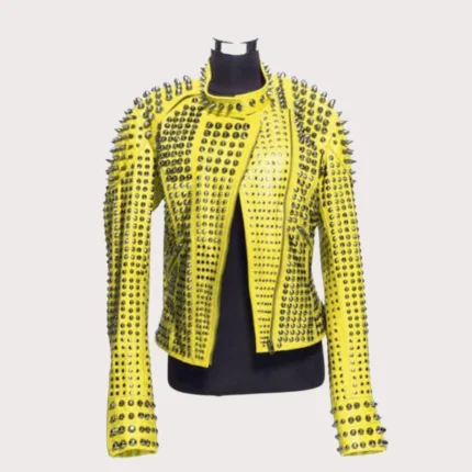 New Handmade Women's Yellow Fashion Studded Punk Style Leather Jacket